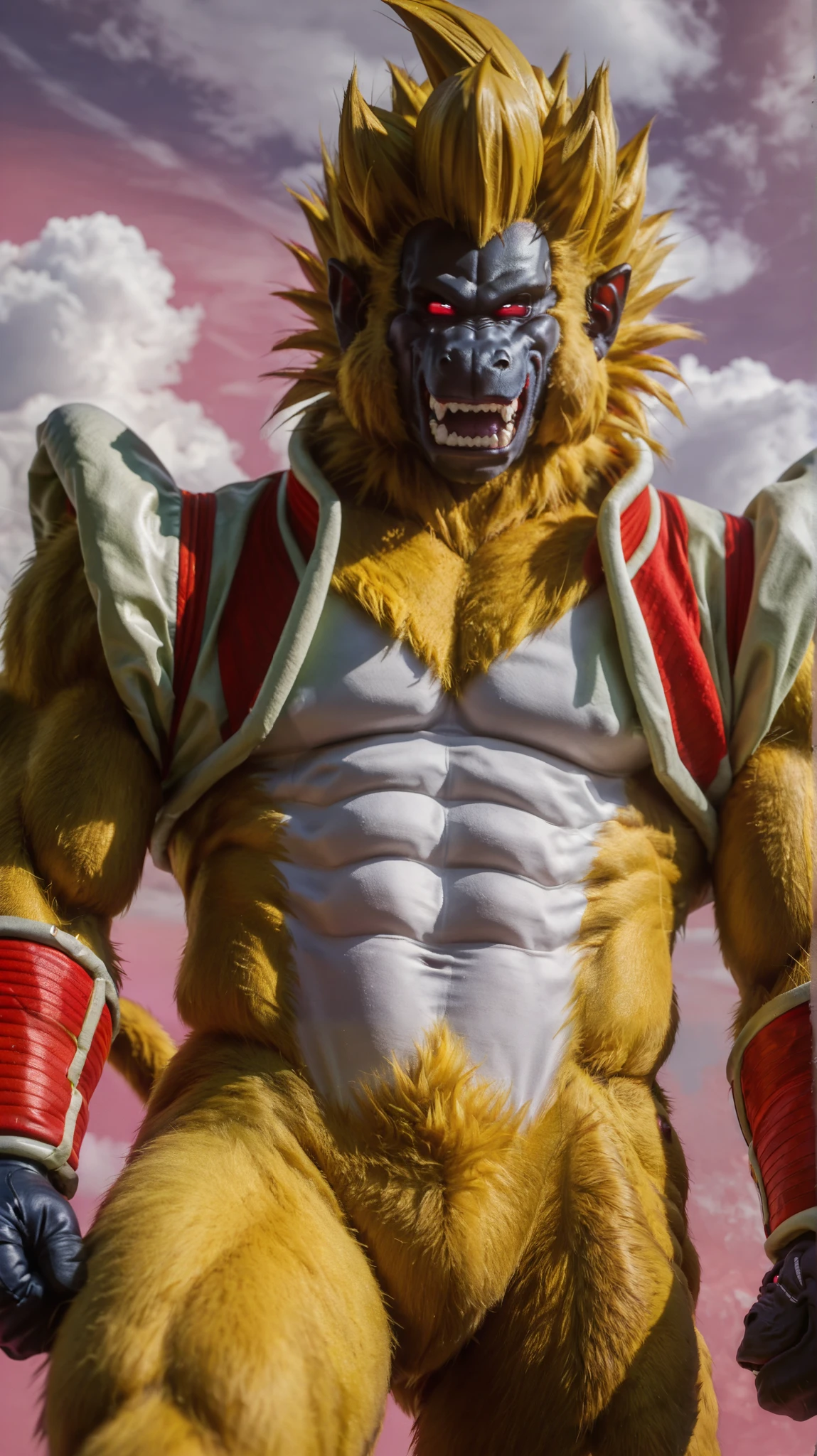 score_9, score_8_up, score_7_up, 1boy, solo, style of akira toriyama, (Oozaru, Furry, Yellow Fur, Primate, Red Eyes, Yellow Body, Tail, Anthro, muscular male, abs, pecs, clenched fists), looking at viewer, smile, closed mouth, narrowed eyes, flying, sky, clouds, pink background, pupiless eyes, featurless crotch, daytime, 4k, masterpiece, best quality, highly detailed, realistic