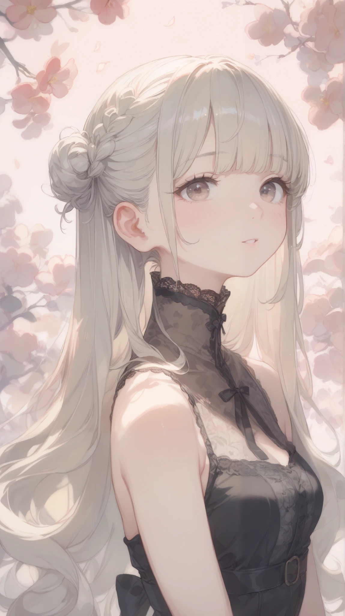 PERFECT ANATOMY, Japanese girls , Alone、one girl、少し短い首:1.7, Albino Skin, Gray Hair, straight long hair , light brown eyes, high neck lace fabric, black clothes, artistic lace pattern clothing、 light pink background