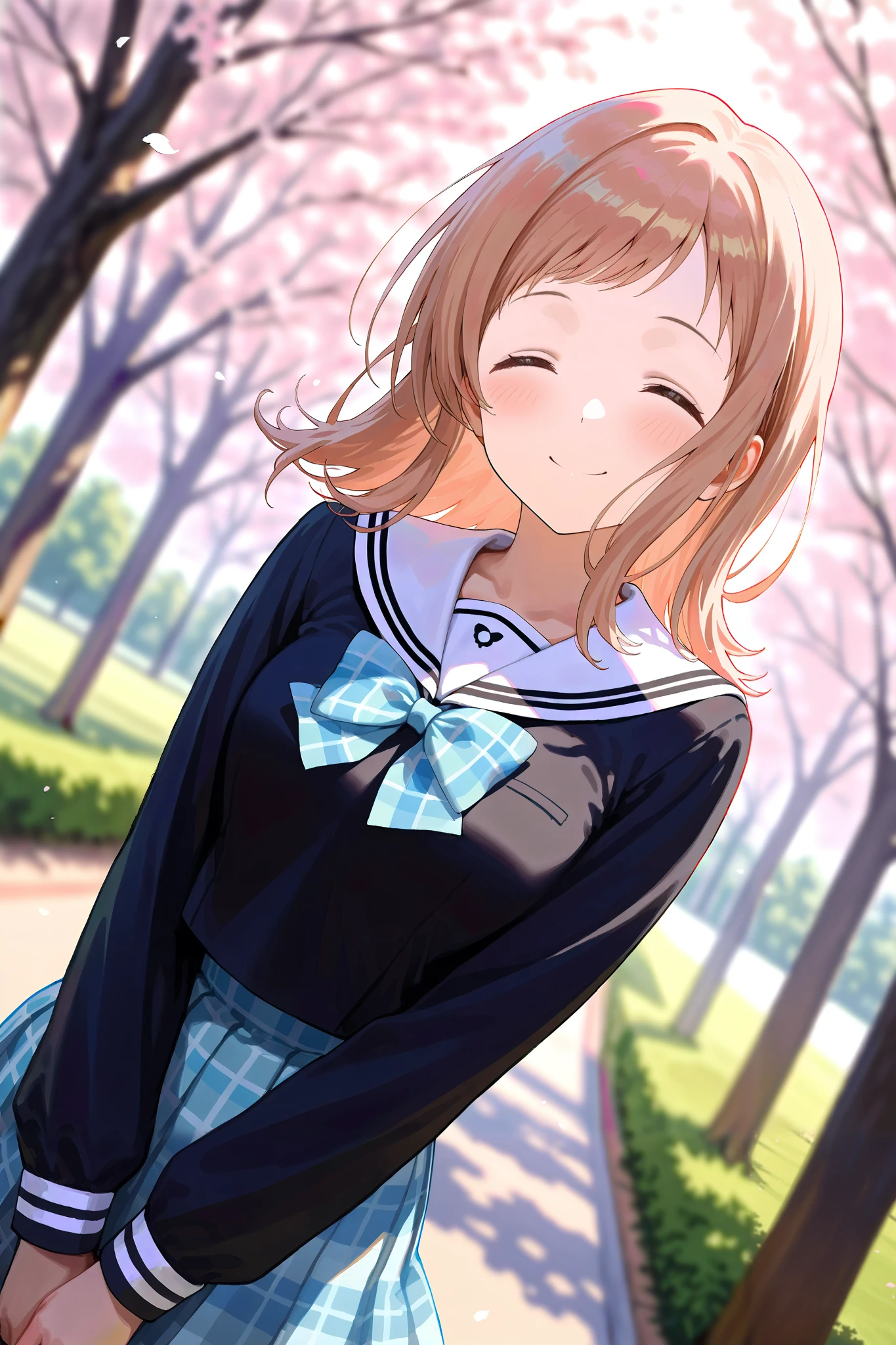 (masterpiece), (Highest quality), (Very detailed),
(The best shape), (Best Shadow), (Absurd),
(Detailed Background), (So beautiful), Shiny,
Extraordinary, Countershading, 8k, 32K, High resolution,
Very Detailed CG ,
Score_9, Score_8_up, Score_7_up, Source_anime,
(Pastel painting:1.2), (Watercolor painting:1.2),
(Masterpiece, Detailed:1.2), (Foreshortening:1.2),
Cinematic, Dramatic, (Depth of field:1.4),
(Blurry background:1.4), (Realistic background:1.4), Dynamic angle,
1 girl, Solo,
Outdoors, Nature, Park, Wind,
Spring, Cherry blossoms,
Sakuragi Mano,
the idolm@ster shiny colors,
mano sakuragi,
(Brown hair:1.1), Medium hair,
(School uniform:1.3),
(Black sailor suit:1.3), Long sleeves suit,
(White sailor collar:1.4),
Ribbon, Light blue ribbon, Butterfly ribbon,
Skirt, Light blue skirt, Checkered skirt,
(Blush:1.3),
Portrait,
Focus on face,
Smile, Happy, Closed eyes,
Realistic skin,
Shiny skin,