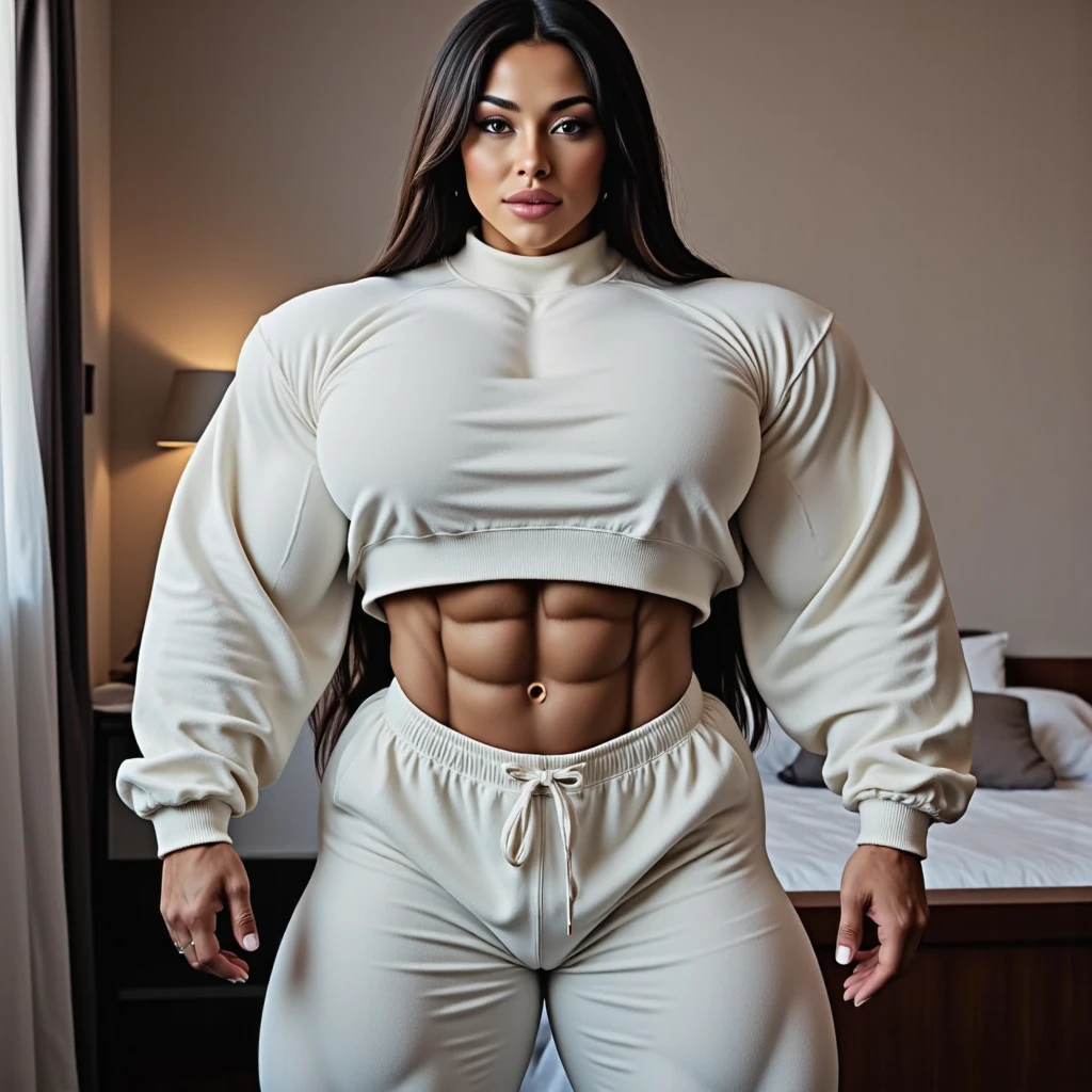 Maria Grazia Cucinotta,, Generate a full length fashion portrait of a heavily muscled iff pro female bodybuilder , her makeup, hair, she is dressed in a tight silk gold sleek  sweater, tight silver sleek miniskirt, white knee high socks, lighting, environment