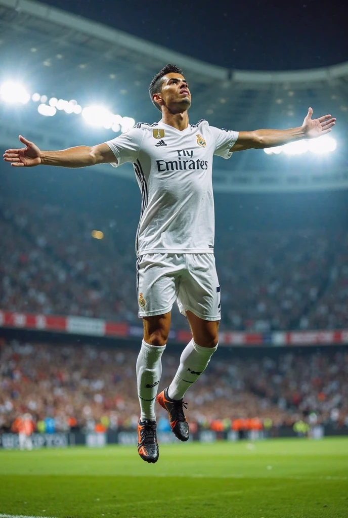 Ronaldo doing his iconic celebration wearing jersey of real Madrid name written in jersey is dewansh with no 7