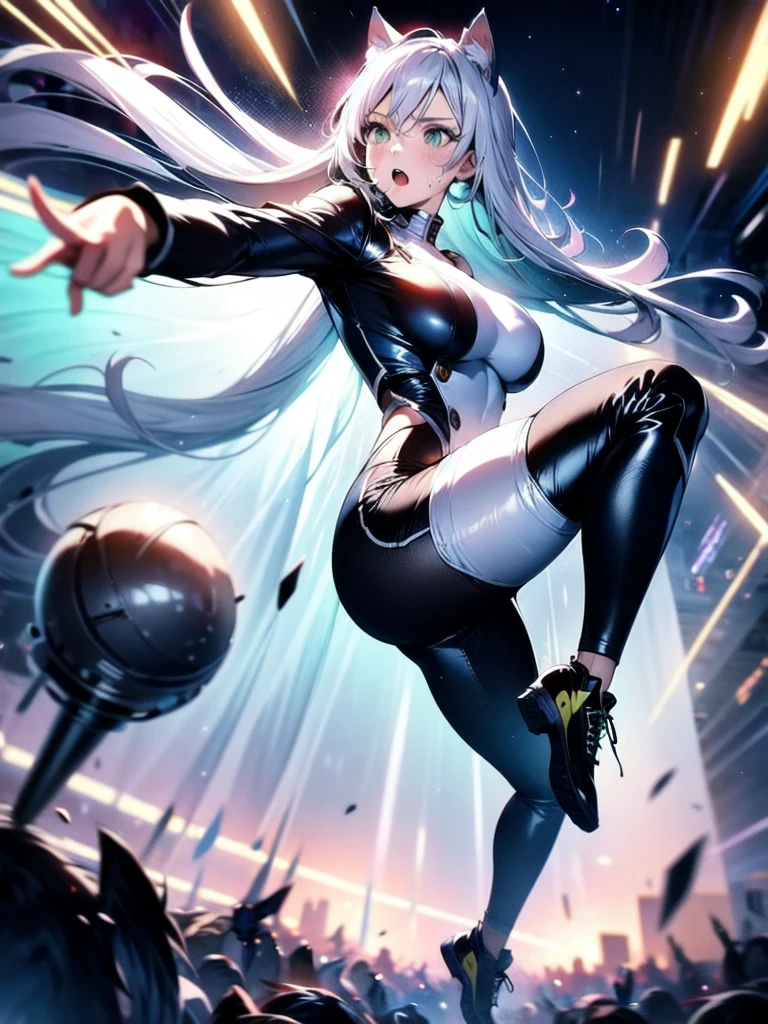 best quality, expressive eyes, perfect face, silver opal lightning storm, post apocalyptic, holding magic globe, thicc busty wolf girl, wallpaper art,  very detailed eyes, anime style, full body art