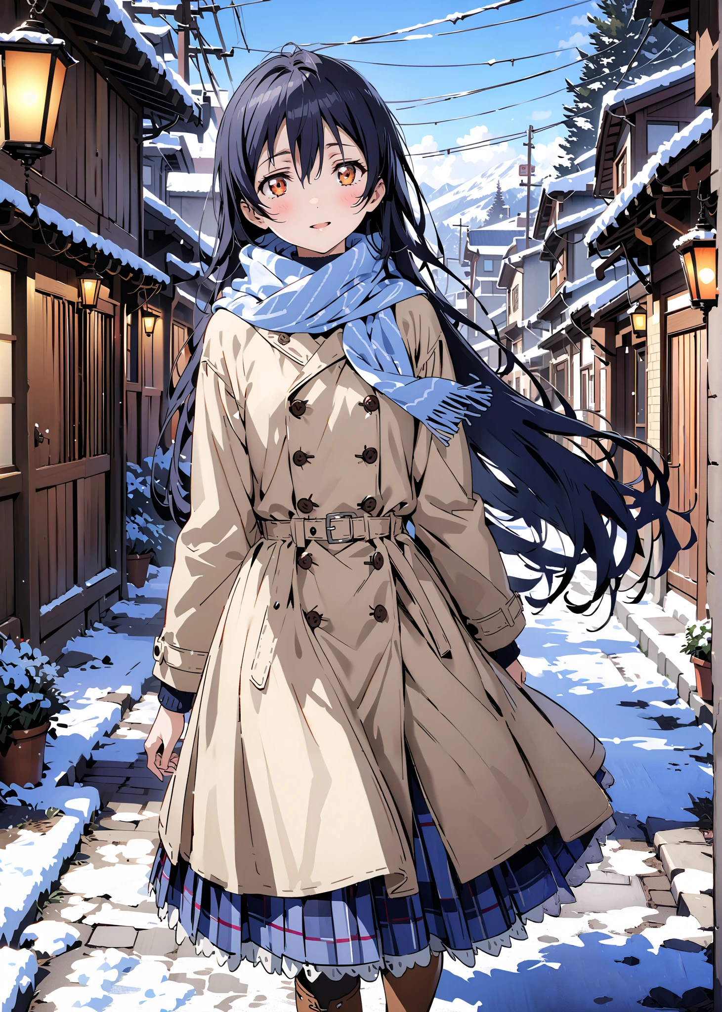 Sonoda Umi  , Alone,long hair, bungs, Between the eyebrows, brown eyes,  Lantern,smile,blush,open your mouth,half up do,Glasses,duffle coat,(sweater  :1.2),( turtleneck:1.2),blue scarf ,Long Skirt,boots,snow,morning,walking,full bodyがillustration for both eyesに入るように,               break outdoors,  residential area,
break looking at viewer,full body,
break (masterpiece:1.2), top quality, high resolution,  Unity 8K Wallpaper , (illustration for both eyes:0.8), (beautiful detailed eyes every time I look to the side:1.6), highly detailed faces that insist on buttocks,  perfect lighting, extremely detailed CG, full body写真,(PERFECT HAND, PERFECT ANATOMY),