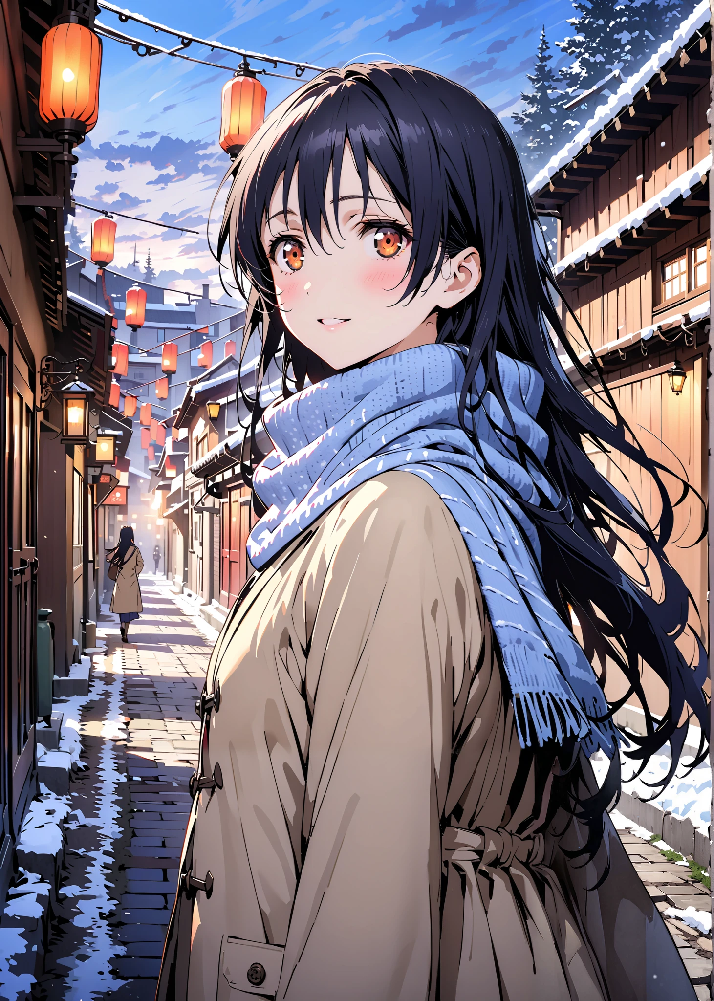 Sonoda Umi , Alone,long hair, bungs, Between the eyebrows, brown eyes, Lantern,smile,blush,open your mouth,half up do,Glasses,duffle coat,(sweater :1.2),( turtleneck:1.2),blue scarf ,Long Skirt,boots,snow,morning,walking,full bodyがillustration for both eyesに入るように, break outdoors, residential area,
break looking at viewer,full body,
break (masterpiece:1.2), top quality, high resolution, Unity 8K Wallpaper , (illustration for both eyes:0.8), (beautiful detailed eyes every time I look to the side:1.6), highly detailed faces that insist on buttocks, perfect lighting, extremely detailed CG, full body写真,(PERFECT HAND, PERFECT ANATOMY),