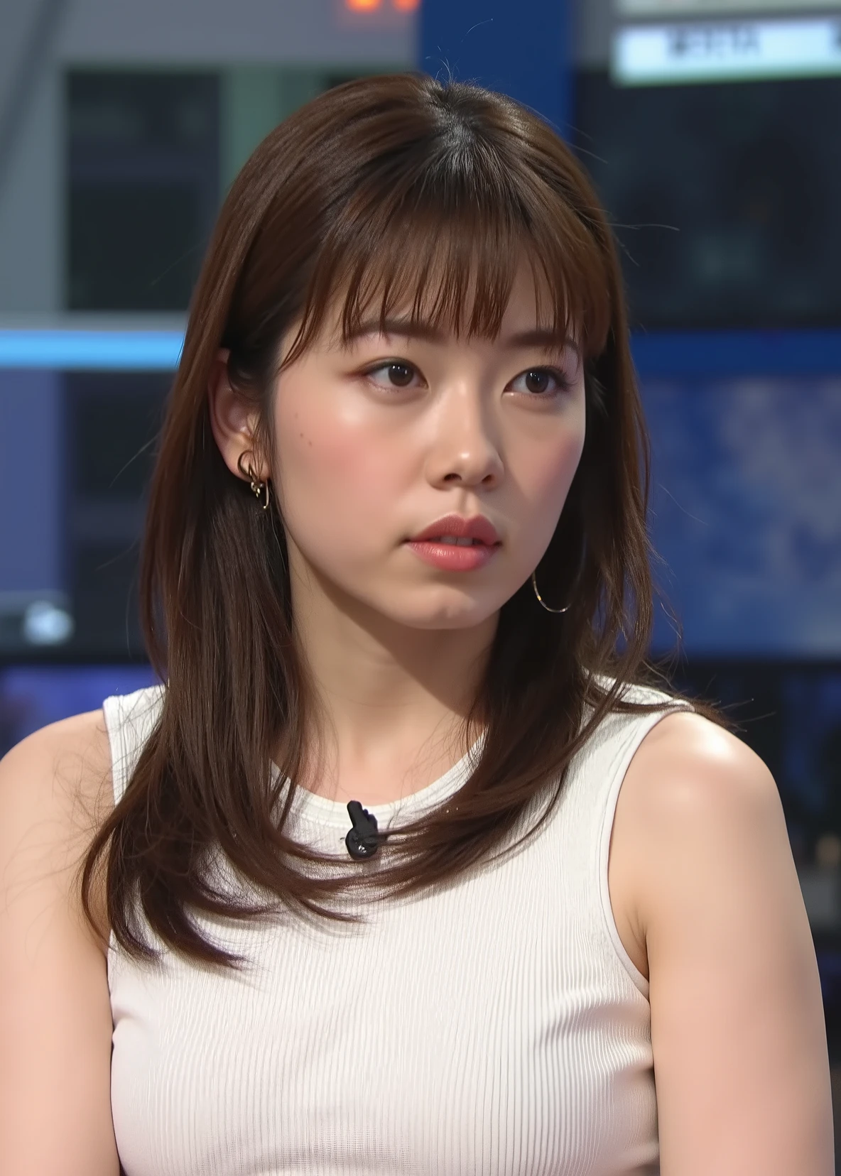 ((Top Quality, 8k, Masterpiece: 1.3, photorealistic)), (newscaster woman reading news ), (face close up:1.25), newscaster woman announcing news, (looking at the viewer), Milf attractive woman, wearing sleeveless white knit, curvy:0.3, serious:0.5, in broadcast studio,