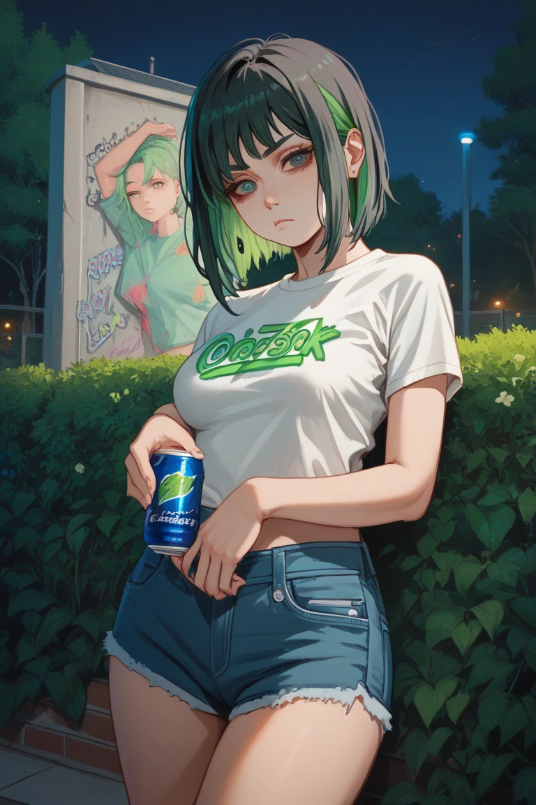 High quality, best detail, 4k, 1girl, she's dark green hair with blue eyes wearing small white crop-top with long blue jeans, she's holding bottle of water with one hand