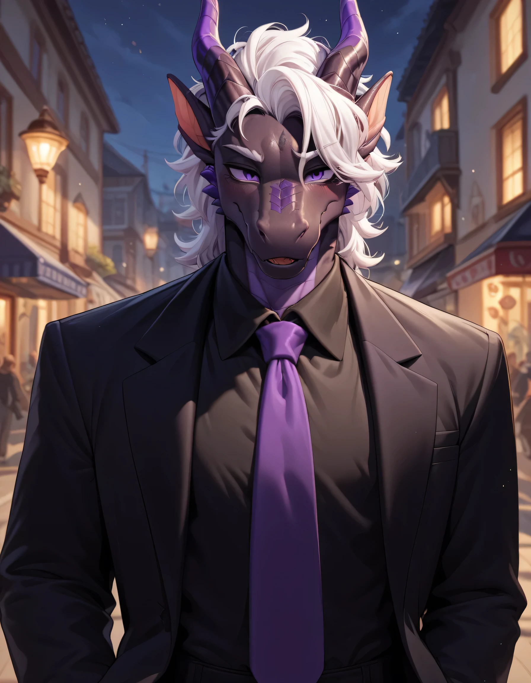 Solo, Anthro black dragon, black scalies, athletic, long white hair, purple eyes, black tuxedo with black shirt and purple tie, blue eyes, mafia, night town, twink