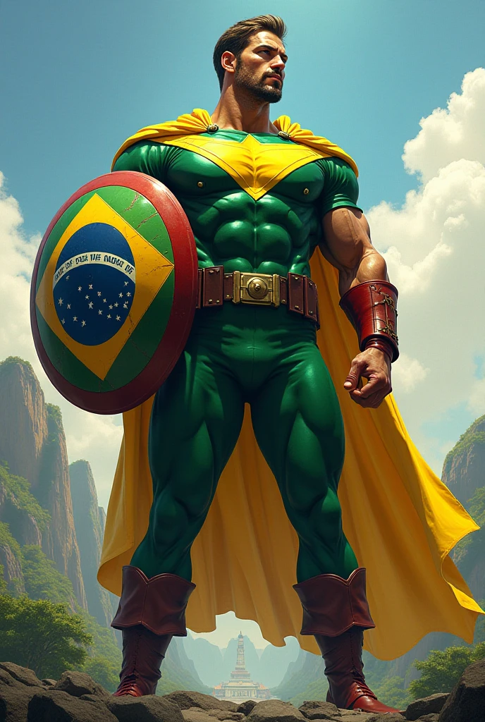 Create an image of a Brazilian superhero wearing a costume inspired by the colors of the Brazilian flag: green, yellow, blue, and white. He has no mask and is shown in a frontal pose, looking confident. He carries a round shield with a design resembling the Brazilian flag symbol. The background features a vibrant urban cityscape.