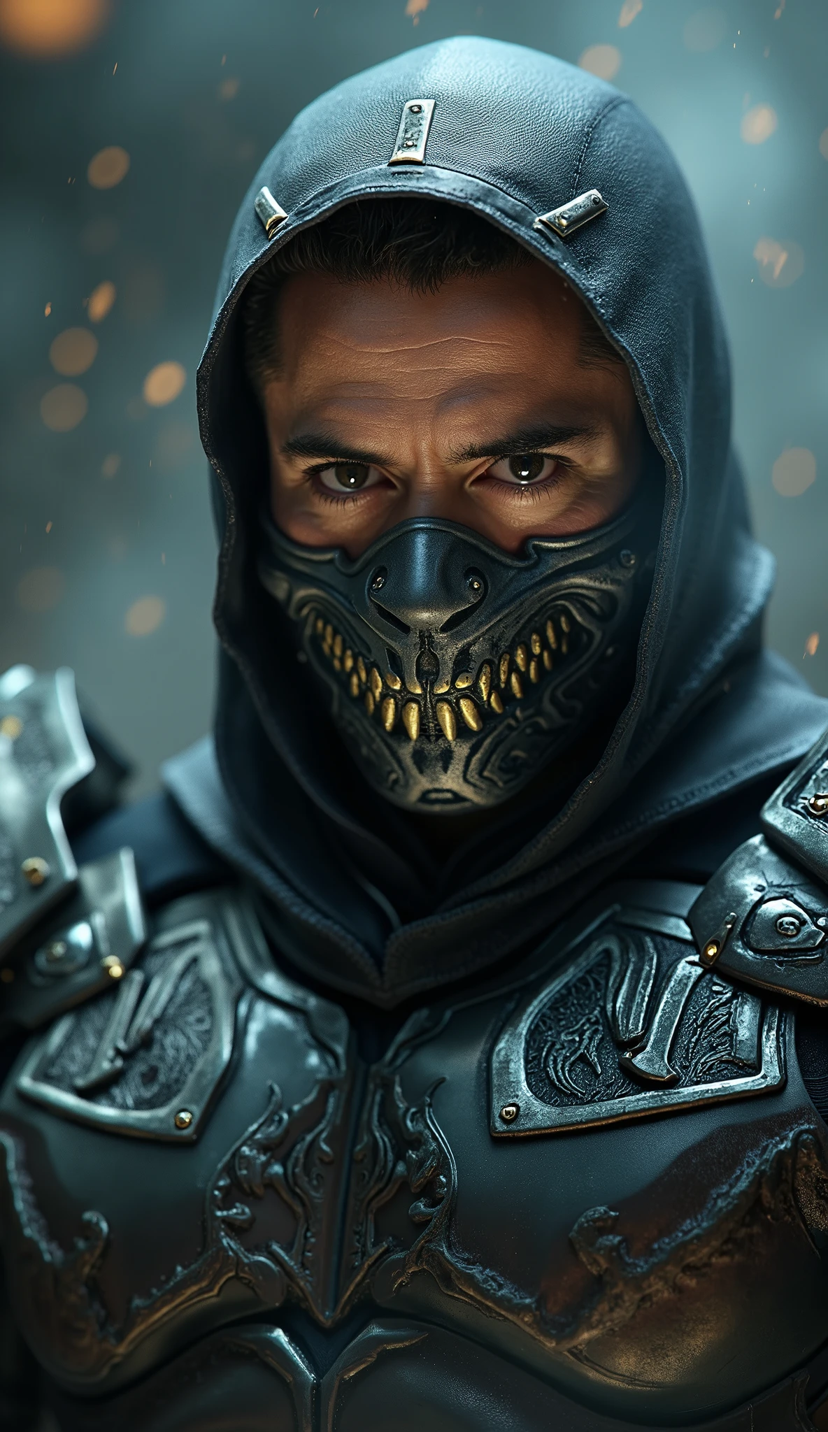 Here is a detailed prompt to generate an image ** super realistic** by Jake Gyllenhaal as **Smoke**, focused on **upper body**, with a shiny metallic outfit and impactful details, and a striking background: --- **"Close-up hiper-realista by Jake Gyllenhaal as Smoke, the enigmatic ninja and master of shadows of * mortal kombat*. He is in an intense and mysterious pose, with a cold and merciless expression, conveying mystery and power . He wears a shiny metallic suit, with intricate details and reflections that highlight the shimmering material. The metallic gray mask covers part of the face, with tribal patterns and small silver adornments that complement his look. The lighting is dramatic , with shades of gray and silver, creating strong contrasts between light and shadow. The background is a realistic and dark setting, with cold lights, dense smoke and elements of an urban nocturnal environment, adding an intense and enveloping atmosphere."** --- **Extra details for realism:** - **It lasts:** Shiny metallic fabric, with light reflections and hyper-realistic textures. - **mask:** Highly detailed design, with metallic reflections , Tribal patterns and shiny silver adornments. - ** Expression:** Cold and merciless look, conveying the dark and powerful essence of Smoke. - **Bottom:** hyper-detailed textures in the smoke and in the elements of the urban night environment. This prompt combines elements of Smoke with Jake Gyllenhaal's unique look, ensuring a cinematic and immersive result! 🔥