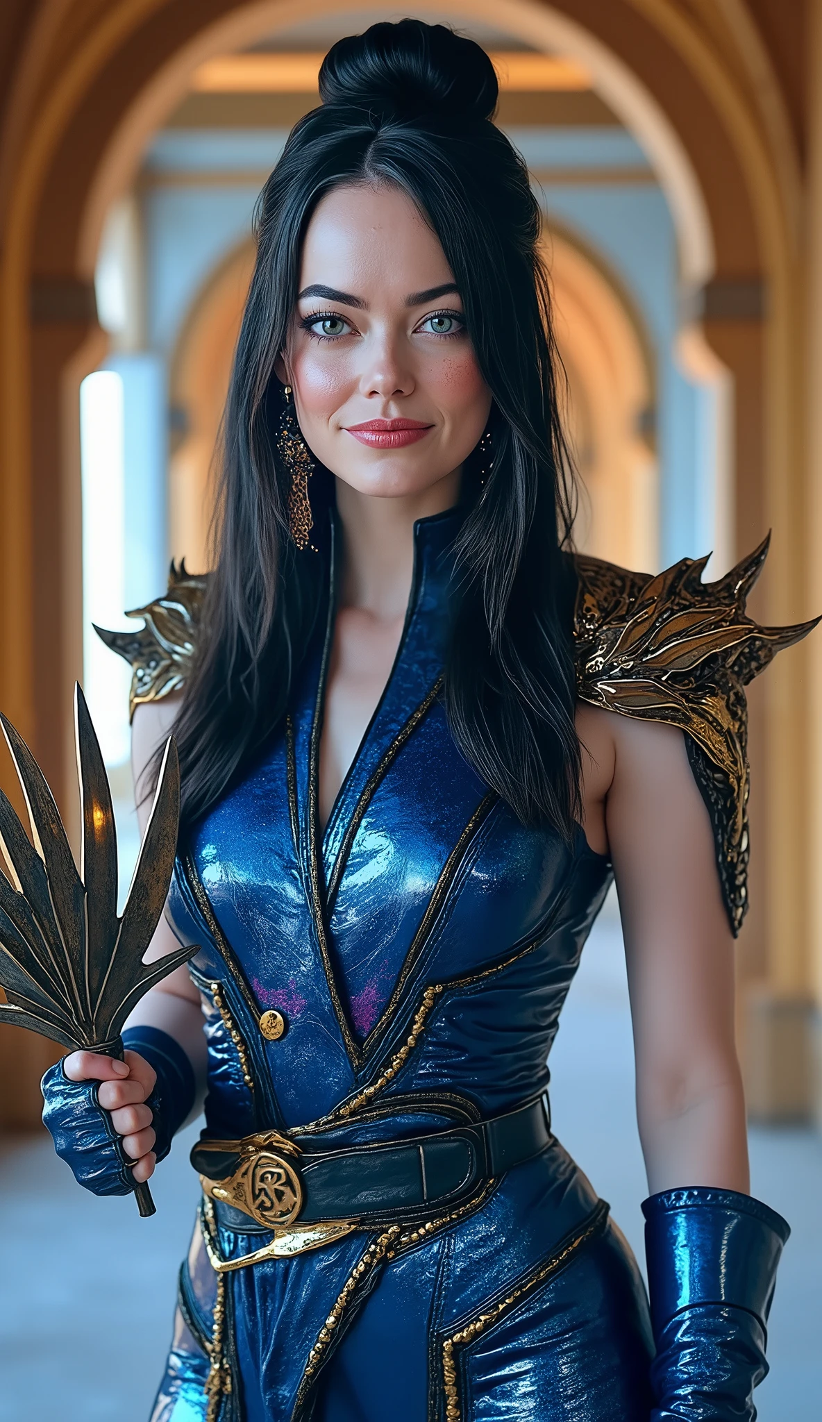 The image shows Emma Stone portrayed as Kitana, The *  mortal kombat*, in a super realistic and high-quality style. She has long black hair , styled in an elaborate and elegant bun, typical of the character, with loose locks that fall gracefully around the face, capturing a natural and fluid movement. The hair subtly with blue and violet reflections, highlighting the silky and realistic texture of the threads.

Emma Stone is wearing Kitana's iconic costume, a shiny metallic blue bodysuit, possibly made of leather or vinyl, with intricate details that reflect the light, creating a futuristic and regal effect. The suit is tight, adjusting to the body with precision, and includes pointed shoulder pads, decorated with golden geometric patterns and sharp edges, in addition to a belt at the waist that adds a touch of elegance and combat functionality. The design also features strategic openings, like on the sides , that expose the skin and reinforce the character's agility.

Her expression is confident and determined, with penetrating eyes (characteristic of Emma Stone) highlighted by dramatic makeup, including dark eyeliner and shadows that intensify her gaze. The lips are painted in a deep red tone,  transmitting strength and mystery , while Emma Stone's features are faithfully captured, with realistic details like subtle freckles, lines of expression and naturally textured skin, maintaining the essence of the character and the authentic appearance of the actress.

The background is a grand and illuminated setting, possibly a temple or palace of Outworld, with golden parentheses and sculpted columns, creating a majestic and ethereal atmosphere.  The lighting is soft and directional , with bluish and golden tones that contrast with Kitana's costume, highlighting the details of the costume and skin with realistic shadows and reflections. Emma Stone holds war fans in each hand, with sharp and shiny blades, placed in a dynamic pose that suggests ready