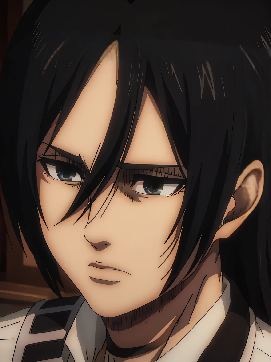 Women, mikasa ackerman, white porcelain skin , very long hair, (black hair: 1.3), scowling, sideburns, flequillo negro con black hair en la frente, very long hair, long black hair and eyes, scowling, angry, choker black choker, white linen shirt, black pants, thigh strap, white linen shirt, has sharp eyes, medium breasts, toned body,only, flequillo negro con black hair en la frente, very long hair, long black hair and eyes de color azul en una camisa blanca, has Asian eyes, only, Lips, only, masterpiece, plano medio, portrait, highly detailed, best quality photo, dramatic lighting