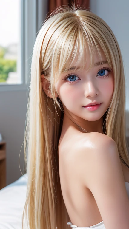 blonde straight silk hair dazzling in gold、long hair between the eyes、The most beautiful girl in the world at 18 years old、Shining, Beautiful pale light blue eyes、Big double eyelid eyes、with round face、eye liner、Snow-white skin、shiny skin with shiny cheeks、Small breasts、a little bit smile、full bodyesbian、Engaging pose