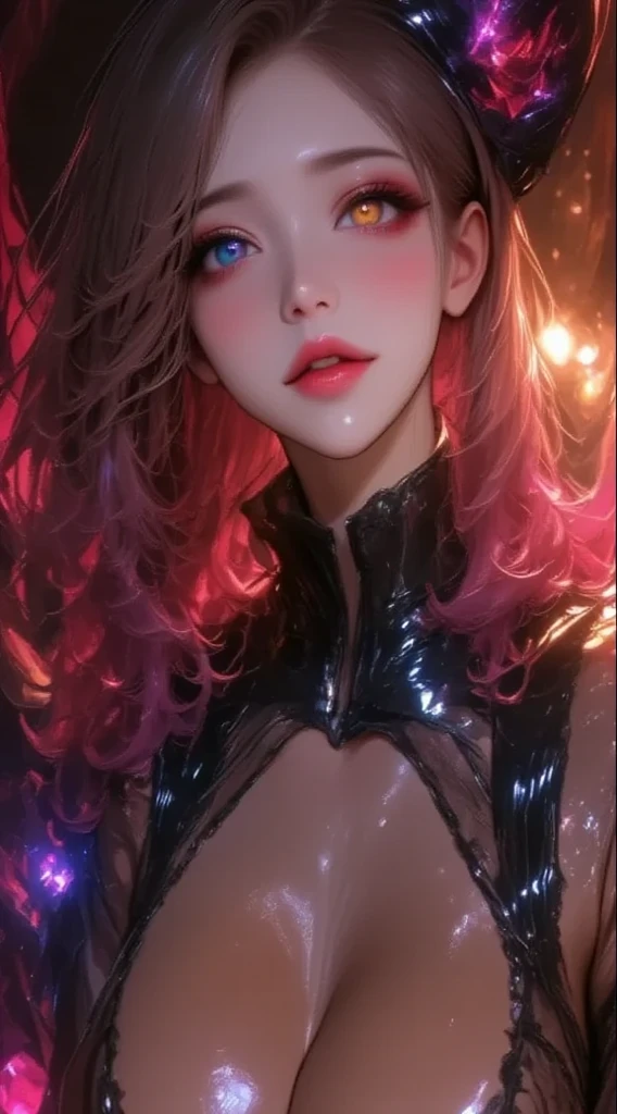 red hair, bangs, blunt bangs, hime cut, straight hair, hair spread out, shiny hair, very long hair, glowing eyes, sparkling eyes, wide eyes, red eyes, pupils sparkling, longeyelashes, makeup, tongue out, parted lips, bright pupils, full blush, saliva trail, fang, Surrealism, Gothic art, Realism, Hyperrealism, reflection light, drop shadow, sparkle, diffraction spikes, UHD, masterpiece, ccurate, anatomically correct, super detail, high details, high quality, best quality, highres, 1080P, 4K, HD