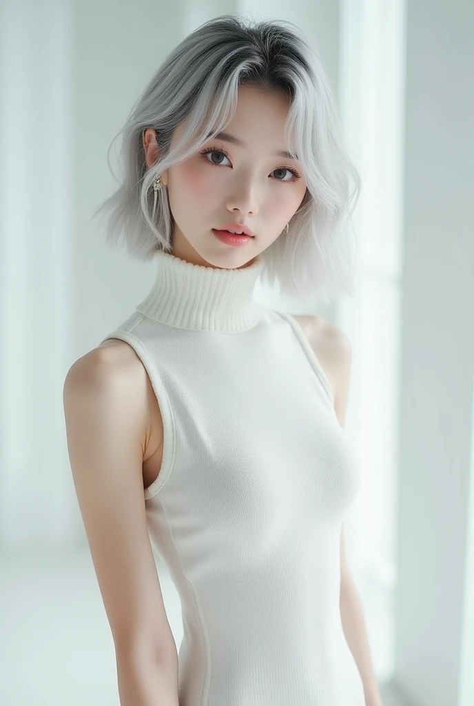 (((forehead、(bent over)、A calm face、High neck sleeveless knit、White Hair、Waist-length hair、Northern Europe、White、beautiful girl、Silver Hair、White background、cute、Young、True Face、Shiny Hair、whole body)))、table top, highest quality, figure, super detailed, finely, High resolution, 8k wallpaper, Perfect dynamic composition, detailed and beautiful eyes, Deco out,bionde, medium hair, big breasts, Natural color lip,white background, random cute poses,