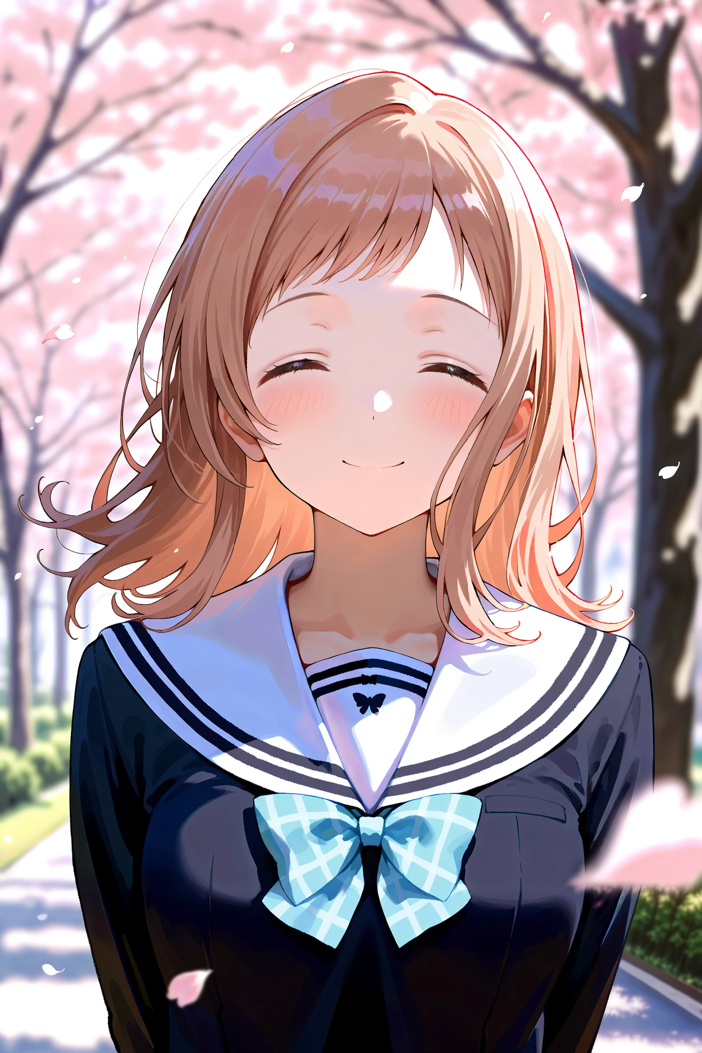 (masterpiece), (Highest quality), (Very detailed), 
(The best shape), (Best Shadow), (Absurd), 
(Detailed Background), (So beautiful), Shiny, 
Extraordinary, Countershading, 8k, 32K, High resolution, 
Very Detailed CG ,

Score_9, Score_8_up, Score_7_up, Source_anime, 
(Pastel painting:1.2), (Watercolor painting:1.2),
(Masterpiece, Detailed:1.2), (Foreshortening:1.2),

Cinematic, Dramatic, (Depth of field:1.4), 
(Blurry background:1.4), (Realistic background:1.4), Dynamic angle,
1 girl, Solo, 
Outdoors, Nature, Park, Wind,
Spring, Cherry blossoms,

Sakuragi Mano,
the idolm@ster shiny colors,
mano sakuragi,
(Brown hair:1.1), Medium hair,

(School uniform:1.3),
(Black sailor suit:1.3), Long sleeves suit, 
(White sailor collar:1.4),
Ribbon, Light blue ribbon, Butterfly ribbon,
Skirt, Light blue skirt, Checkered skirt,

(Blush:1.3),
Portrait,
Focus on face,
Smile, Happy, Closed eyes,
Realistic skin,
Shiny skin,