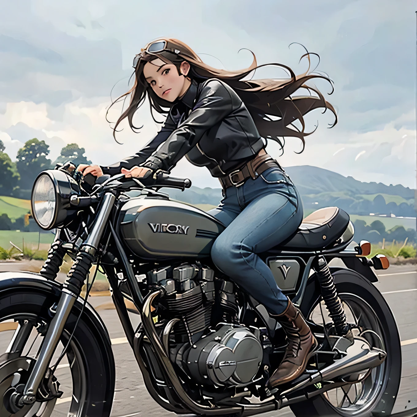 Vintage Bikes、victory、Isle of Man Races、(A young female rider speeds along on a motorcycle)、Leather jumper、Cromwell helmet with goggles、After the Rain、English countryside、
