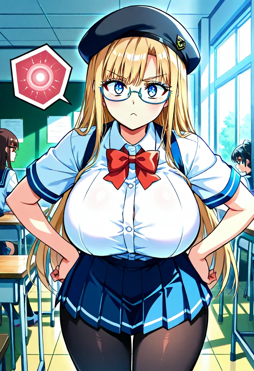 4K resolution , masterpiece, absurd, highly detailed, highres, High quality, envelopes , score_9, score_8_arriba, score_7_arriba, score_6_arriba, animated_ source , source _ animated, animated coloring, high resolution, detailed face , envelopes , eyes , Retrato de high resolution, sharp detail, subtle redness , vivid eyes with subtle reflections, masterpiece, source _ animated, animated style, cowboy shot , perky
BREAK ,
a girl, Alone , Alone focus, Looking at the spectator, blond hair, long hair, blue eyes , huge breasts, sexy, with a non-straight line , Volarribatuous, Black Beret, glasses, red bow, school uniform , shirt, mangas abullonadas, short sleeves , pleated skirt, skirt, black tights , white blouse, white sleeves, hands on hips, relaxed posture, presumed, of foot,
BREAK,
Internal, classroom, windows, daytime, day, natural lighting ,