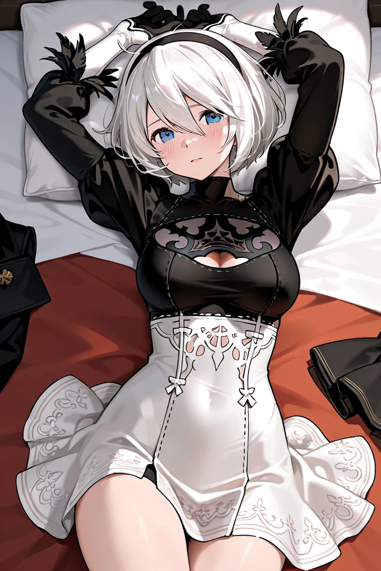 score_9,score_8_up,score_7_up, source_anime, source_furry, yorha 2B from nier automata, beautiful blue eyes, sitting on a bed, legs spread, foot focus, clean white room