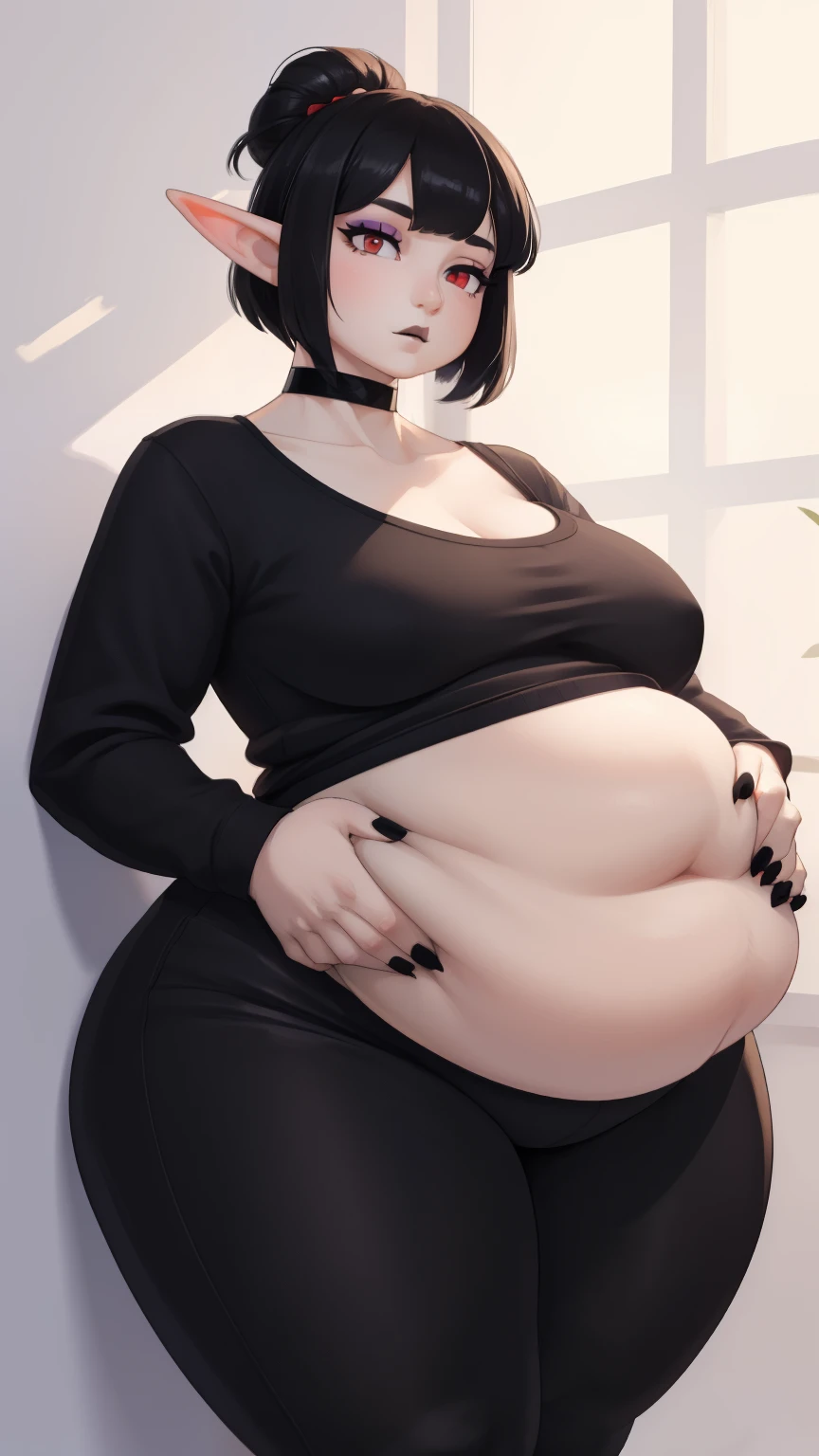 Raven, grey skin, masterpiece quality, lots of detail, realistic, studio lighting, in dining room, sitting on chair, lots of cane in background, lots of cake on table, short hair, sexy pose, wearing choker collar, wearing black crop top, wearing black denim, big breasts, (big breasts:1.3), chubby belly, (chubby belly:1.2), rubbing belly, holding belly, blushing, (blushing:1.3),
