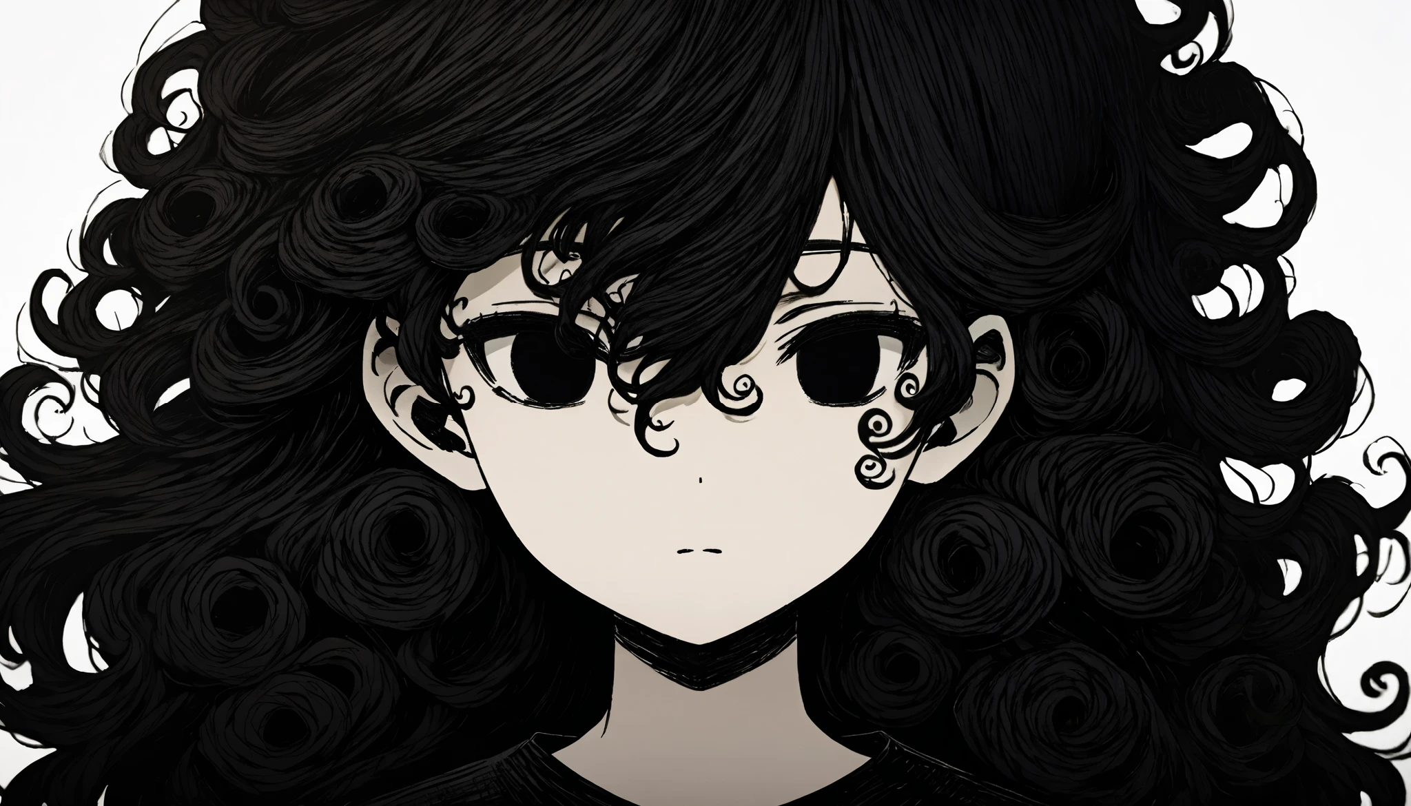 1 , curly hair, black hair, hair between the eyes , spot under the eyes , empty eyes , high detail, conceptual art , anime, Gothic art, masterpiece, more details, high details, High quality , 最 High quality, white background, simple, Student from Japan