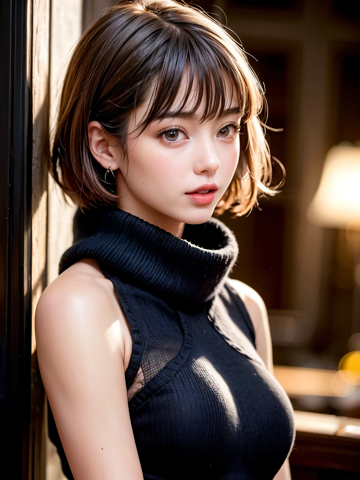Top quality, ultra-high resolution, (photorealistic: 1.4), 1 girl, off-shoulder white shirt, black tight skirt, black choker, (faded ash-gray hair: 1), (small: 1.2), look at viewer, close-up, gorgeous (very short hair, forehead: 1.2),