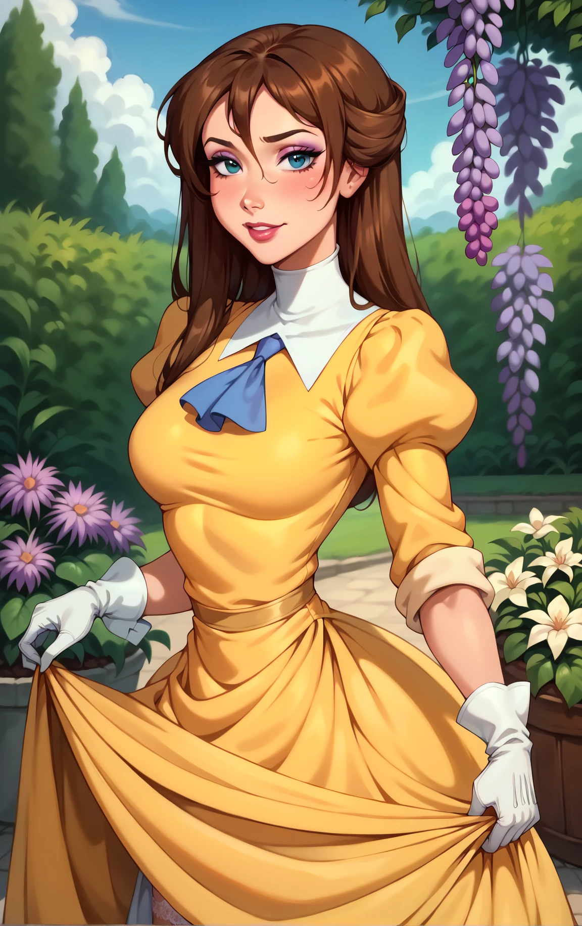 cowboy shot, 3d digital art style, (JaneWaifu), (yellow dress, single hairbun), surprised, cute, cute pose, looking at viewer, thick shiny thighs, 1980s style, 1girl, Full-body figure, retro artstyle, looking at viewer, solo, big tits, big_breasts, jungle waterfall in the background, (desperately have to pee, pee, peeing, wetting self), ((effen pee stain))