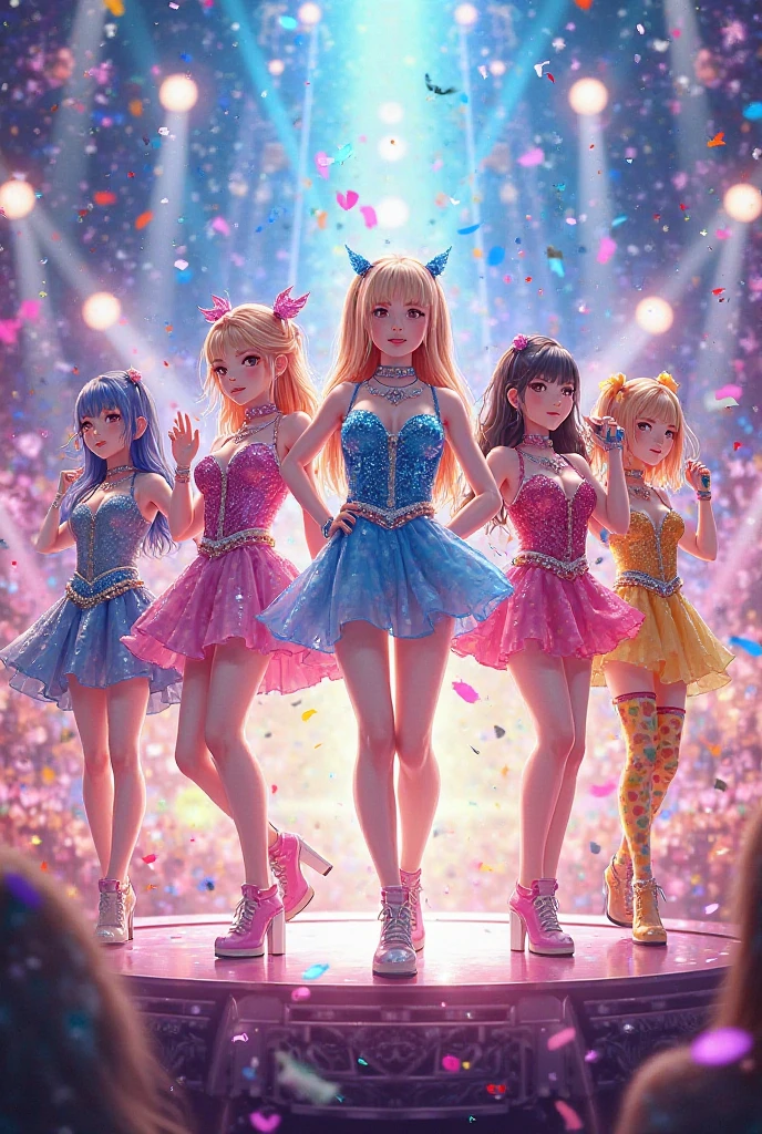 Create a digital art piece of a K-POP girl group called 'Luminous Dream.' The group consists of five members, each with distinct personalities and styles. They are dressed in colorful, glamorous outfits that reflect modern trends, posing energetically as if performing on stage. The background features a vibrant concert setting with bright lights and a cheering audience, capturing the excitement and positivity of their music.
