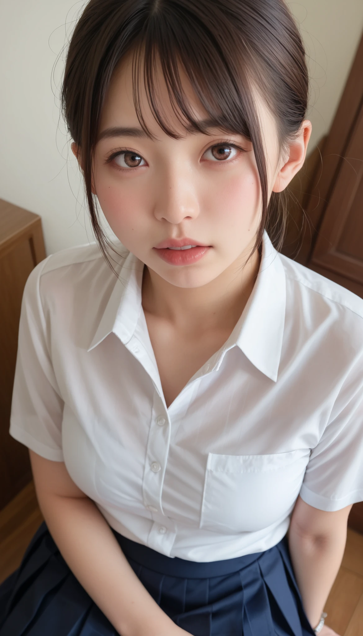 realistic, medium breasts、((white shirt)) , ((angle from above))、((curvy body))、 portraits of the most beautiful Japanese women、 female student、 wearing a pleated skirt indoors 、((face with sperm in the mouth))、 high school shirt 、In my room、(( embarrassed expression)) attractive、 Please open your mouth slightly and seduce me、(angle、 She's looking up ) Coming to 、