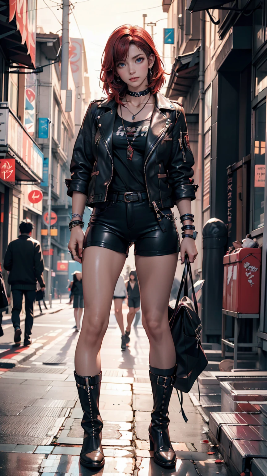 ((masterpiece)), best quality, extremely detailed face, ultra high res, (photorealistic:1.4), Amazing, finely detail, huge filesize, correct exposure, 1 girl, Athletic Body, (intricate details), SOLO, looking at the viewer, perfect lighting, realistic, lips, blush, shiny skin, fair skin, extremely detailed face, beautiful detailed eyes, (detail skin:1.2), depth of view, ,((mini shorts, high socks, choker, overcoat,leather shoes,)), fullbody shot, standing,