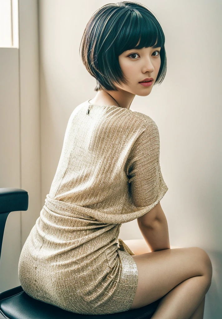 Cute Japanese girl, wearing a beige knit dress, with short hair having bangs and a high ponytail hairstyle, stretching her arms on the sofa in her luxury apartment living room, a full body shot, a real photo, full of details, high resolution, very detailed, high definition, sharp focus, super realistic, super detailed, with professional photography lighting, studio light, natural skin texture showing pores, soft pastel colors, full frame, in the style of studio photography.