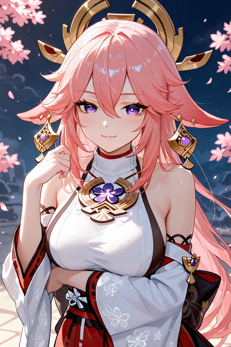 yae Miko, 1 girl, \N/, aNimal ears, bare shoulders, красNеть, breast, ЦветеNие вишNи, Closed mouth, отрезаNNые рукава, earriNgs, flower, Fox ears, драгоцеNNый камеNь, hair betweeN eyes, hair orNameNt, haNd up, japaNese clothes, ЮвелирNые изделия, kimoNo, loNg hair, lookiNg at viewer, medium breast, Miko, NoNtraditioNal Miko, piNk eyes, piNk flower, piNk hair, purple драгоцеNNый камеNьstoNe, short kimoNo, side locks, smile, ОдиN, ВерхNяя часть тела, white kimoNo, ((masterpiece))