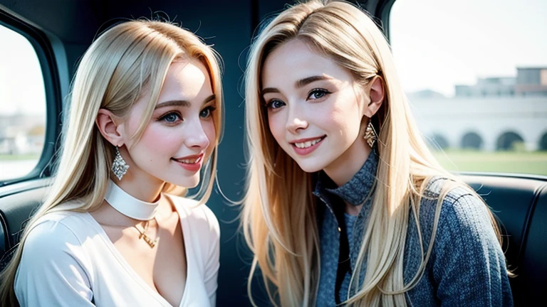 two young and beautiful white beauties with platinum blond hair with blue eyes that glow blue are smiling and looking at each other in a window, beautiful portrait of Gemini twins, A 20-year-old young and beautiful rookie office lady staring at each other with a smile , Beautiful Gemini Twins Beauties, Wealthy young and beautiful white beauties smiling at each other, high qualityなポートレート,  in a spaceship, I can see the blue sky during the daytime,  promotional portrait , Wealthy young and beautiful blonde half model laughing, wearing a white blouse with a collar in a business suit, Natural light background, Brightly shot professional photo , realistic textured skin from a vacuum cup , Business ad image,Big blue eyes shining blue、Two young and beautiful white beauties with platinum blond hair laughing and having a conversation, 20 year old young and beautiful half model,  two models in the frame , wearing a white shirt with a zipper up to the neck, Young and beautiful wealthy smiling gorgeous blonde woman, gorgeous necklace、gorgeous earrings、 Blue Nail Polish , Having jewels, luxury bracelet , Professional  , high resolution , high resolution, focus on two blonde beauties in the frame、realistic textured skin from a vacuum cup、gorgeous necklace、gorgeous earrings、Perfect Block Business Suit、上品なwearing a white blouse with a collar in a business suit, Twins Beauties , Long distance apart、Luxurious ring,  blue eyes are blue and moist , Corporate Style, 20-year-old genius beautiful girl, 20-year-old beautiful white beauty、8k,UHD,high image quality during sick leave、high quality、high quality、real photo、Sense of luxury、 Blue Nail Polish 