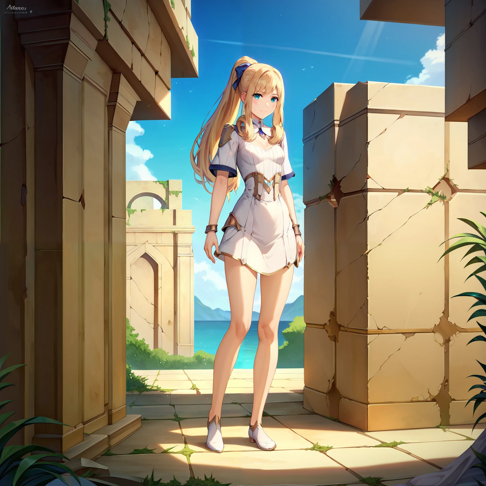 score_9, score_8_up, score_7_up, 1girl, solo, ,, melia antiqua,ahort hair, teal eyes, ruins and water background ,blonde hair,golden hair,perfect hair,glossy hair,smooth hair,shiny hair,,detailed hair,cowboy shot,slim body,small breast,young face,delicated face,delicated body,full body,cowboy shot,perfect body,perfect legs,perfect waist,slim body,ponytail,shiny eyes,,delicated face,delicated body,young girl,very light smile,,platinum blonde hair,very light smile,cowboy shot