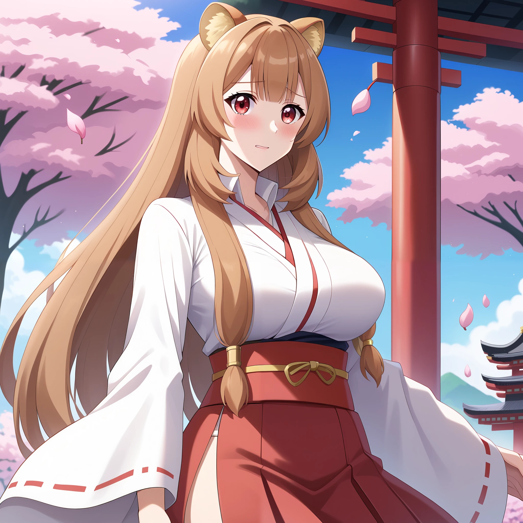 "raphtalia, a beautiful young woman with bright orange hair and deep red eyes. Her rounded animal ears peek out of her silky hair. embarrassed, red face, big, firm breasts. wears an elegant traditional Miko outfit. Her hair up to her back,
His white kosode and red hakama wave with every step as he walks down the corridor of an ancient shrine, neckline. pink belt with flower design.
Around you, Cherry petals float in the air, giving it an almost divine aura .