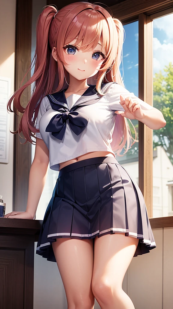 masterpiece、highest quality、1 girl、high school girl、18-year-old、Perfect Face、Shiny skin、Random Uniform、(Random Hairstyles)、Big eyes、tall)、Beautiful Hair、Beautiful Eyes、Perfect proportions、Beautiful thighs、Beautiful legs、Beautiful fingers、((High-quality fabric、brown knit vest、Short sleeve white collar shirt、Navy Pleated Skirt、A bow tie))、After school in the classroom、(smile)、(((((Skirt Lift、White panties and black stockings are visible)))))