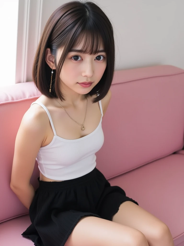 ollarbone,black t-shirt,off-shoulder look,bare shoulder,Denim mini skirt,open mouth,tongue out,cum on tongue,Sitting on a black sofa,looking ahead,from above,flont view,face focus,(1girl,Beautiful 16 year old girl),((Slender,Small breasts,Small face,)),looking at viewer,Black Hair,bangs,Straight Long,Beautiful and detailed,watery eyes,Dimly lit room,Simple Background,Gray background,Low lighting
