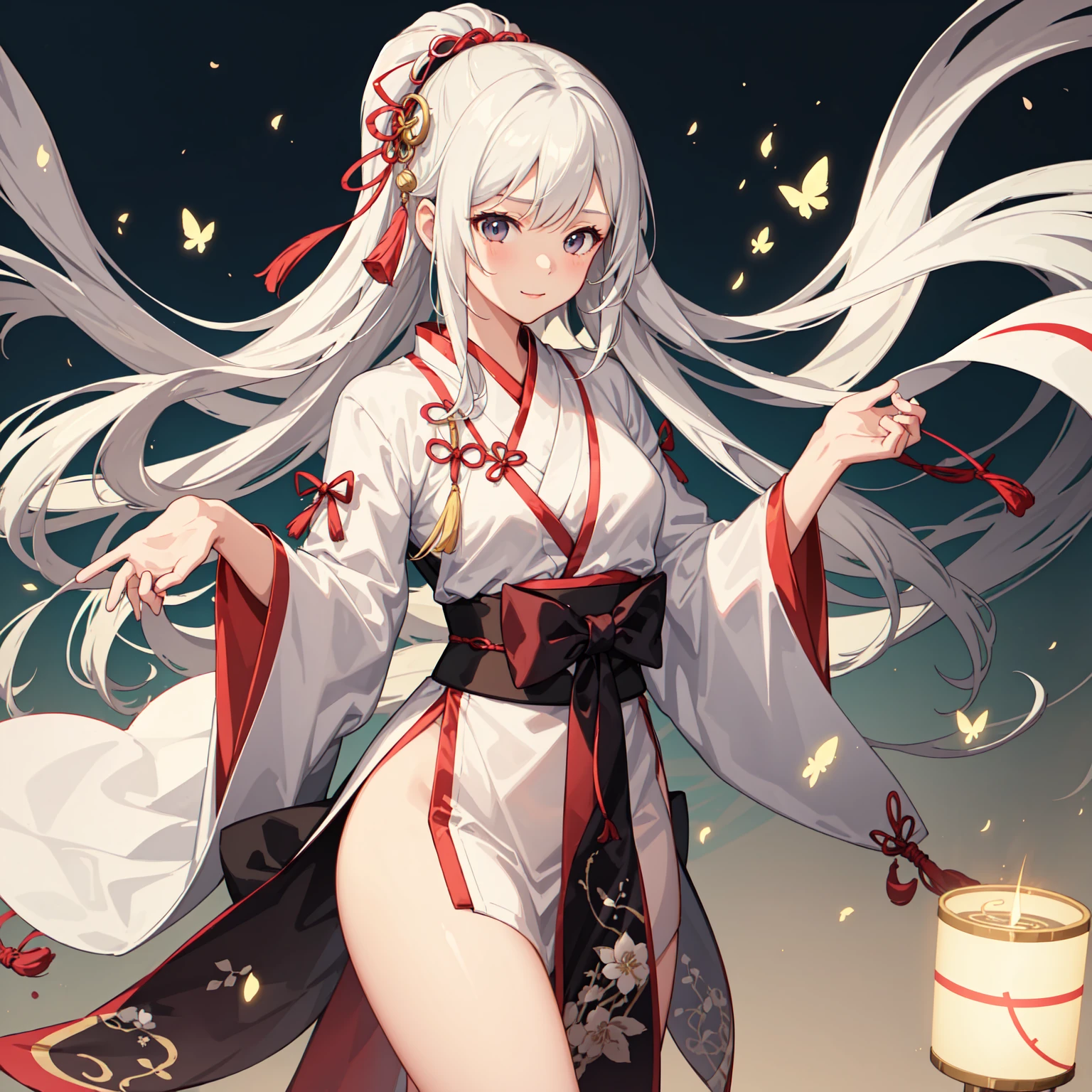 best quality,ultra high res,1girl,solo,upper body,night,night sky,hanfu,white hair,red eyes,east asian architecture,water,light,smoke,