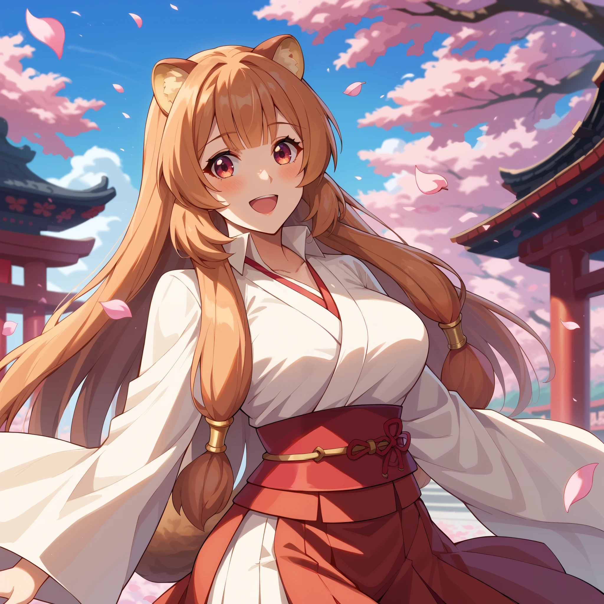 "raphtalia, a beautiful young woman with bright orange hair and deep red eyes. Her rounded animal ears peek out of her silky hair.  happy smile, blush,   big, firm breasts. wears an elegant traditional Miko outfit. Her hair up to her back, 
Her white kosode and red hakama flutter with every step as she walks down the corridor of an ancient sanctuary, neckline. pink belt with flower design.

Around you, Cherry petals float in the air,  giving it an almost divine aura .