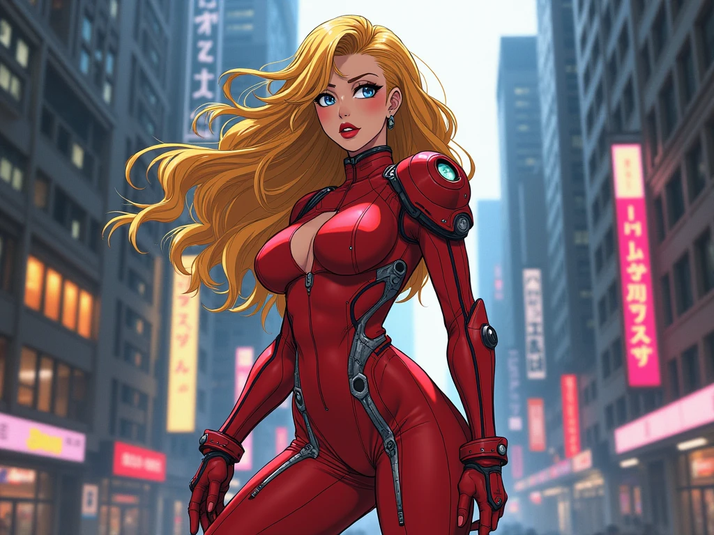 BLONDE WOMAN STANDING FRONT, MUSCULOUS, SENSUAL, YELLOW BLONDE HAIR, RED LATEX OVERALLS ,Create a COLORFULL-clothed female anime character in a bot model