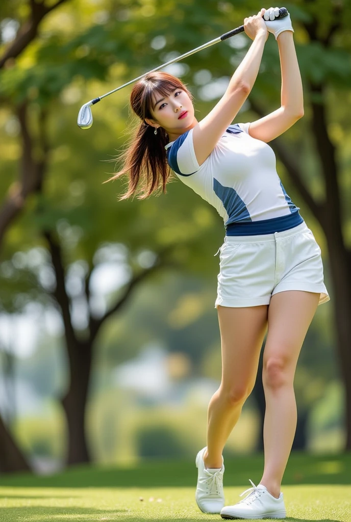 ((short skirt in golf)), beautiful woman, squatting and touching hair with one hand, looking at camera, ((((background blur)))), white sneakers, bare feet, (cotton underwear), large breasts, frontal shooting,