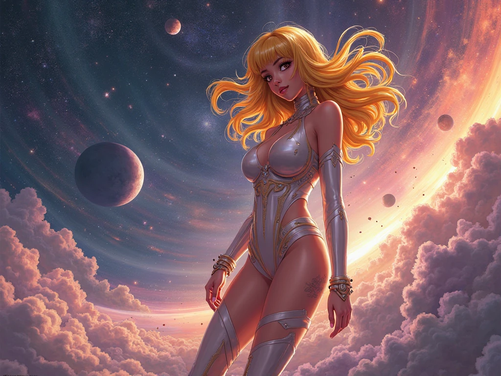close up of a nude woman in a black dress and cape standing in front of a planet, huge boods, nude breasts, enormous breasts , beautiful celestial mage, goddess in cosmos, artgerm julie bell beeple, goddess of space and time, female earth mage, cosmic goddess, artgerm jsc, celestial goddess, fantasy paladin woman, goddess of galaxies, galactic sized goddess, fantasy card game art