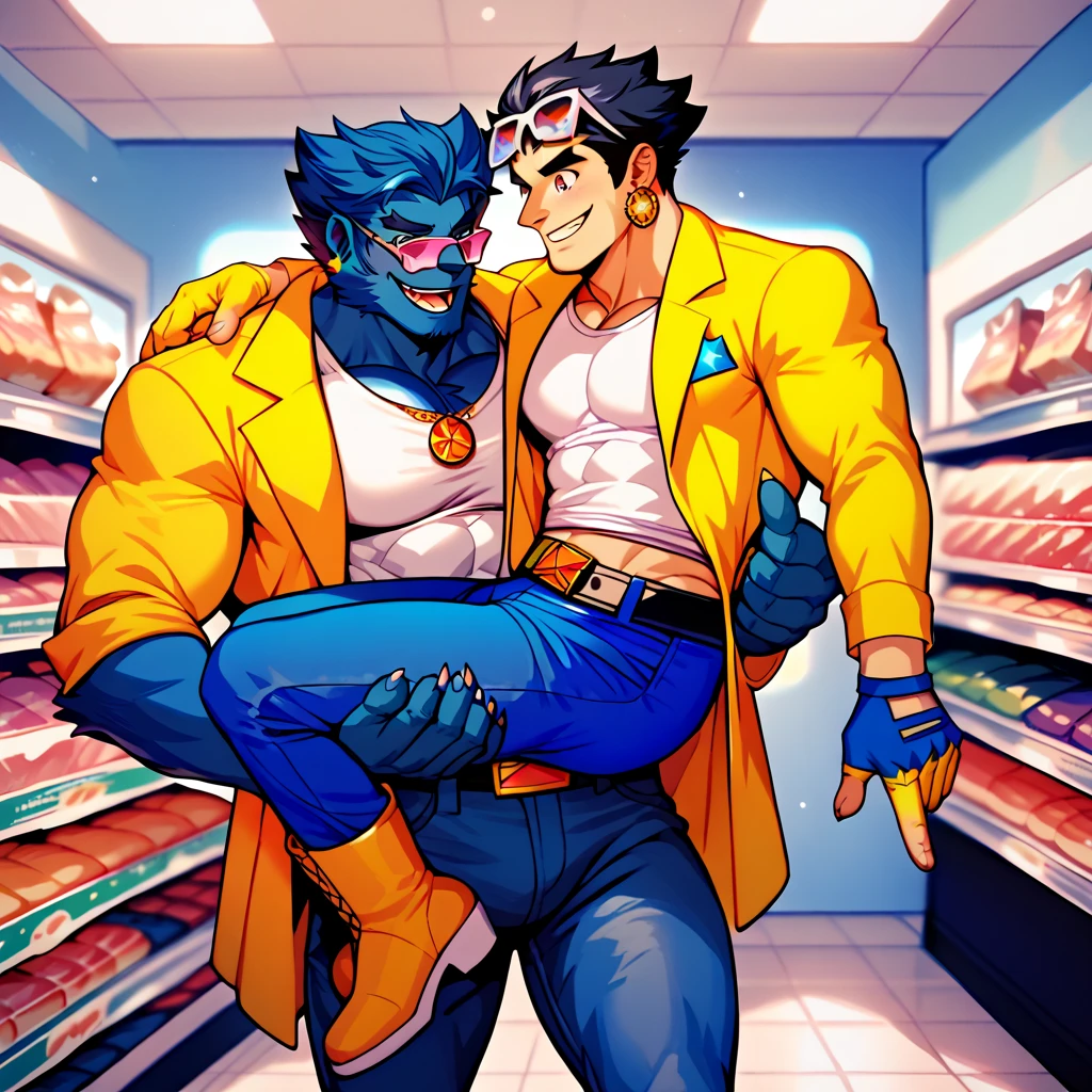 ((realistic, best quality, high-res, very aesthetic, best quality, by nonco, by optionaltypo, by hungry_clicker, ((punk, different characters, 2boys)), Capcom, snk, official_art)) bathroom, selfie, black t-shirt, cargo pants, cocky smile, ((arm around waist, selfie)),<lora:EMS-179-EMS:-0.200000>