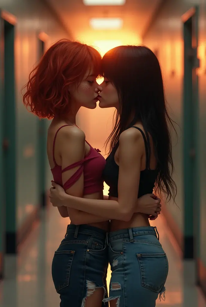 (photorealism 1.2) a shy American white high school girl with freckles and a figure and short red hair being crowded and kissed on the lips and cheek by two Asian girls wearing torn crop tops and ripped jeans and wearing lipstick while they both kiss the American girl in an empty school corridor as the sun sets