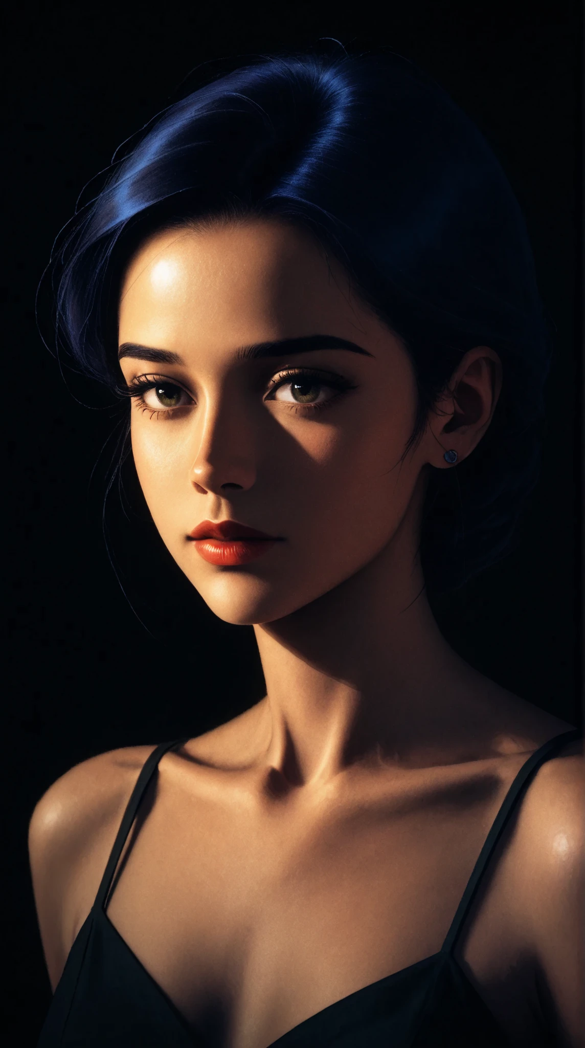 expressionist artwork image of a korean girl in the graphic art style of french sci-fi cartoonist Moebius, no background, black background, soft lighting,