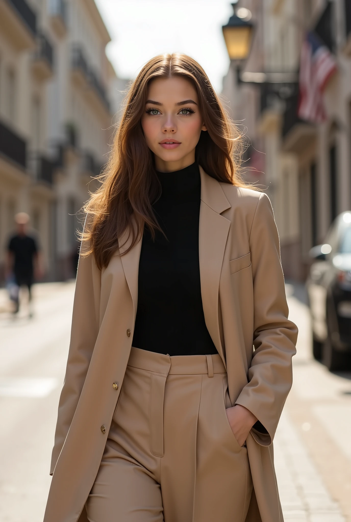 (photorealism: 1.2), photograph of an extremely beautiful 21 year old Latina, ((European baby face: 1.3)),((cute and delicate)), perfect eyes, perfect lips, ((light green eyes: 1.3)), ((light brown hair swept to the side)), ((slim and sexy body)),((long body)),(very thin waist), (realistic and natural lighting), skin texture, ((extra long voluminous hair)), petite, gamer girl, fit girl, e-girl, height 1.67, very thin, weighs 49 kilos. she is having a great and funny day,(("DSLR photo, street style walking down a charming street, wearing a minimalist but sophisticated look. Beige oversized blazer + black turtleneck + tailored pants + sunglasses. Structured bag + hair loose in the wind for a natural touch. European or urban background with neutral tones and golden late afternoon light.((full body photo)), different angles, different poses, different perspectives, She feels happy, she feels seductive, she feels very bold, she feels beautiful, she feels like a whore but she loves it, she feels like a slut but she loves it, She is acting like a disgusting, silly and seductive whore. RAW photography, DSLR camera, soft lighting, high quality, film grain, Fujifilm XT3, (nsfw:1.1), incredible details, masterpiece, 8k, 35mm photography, DSLR camera, great details of her body and face, Great details of the background and environment.
