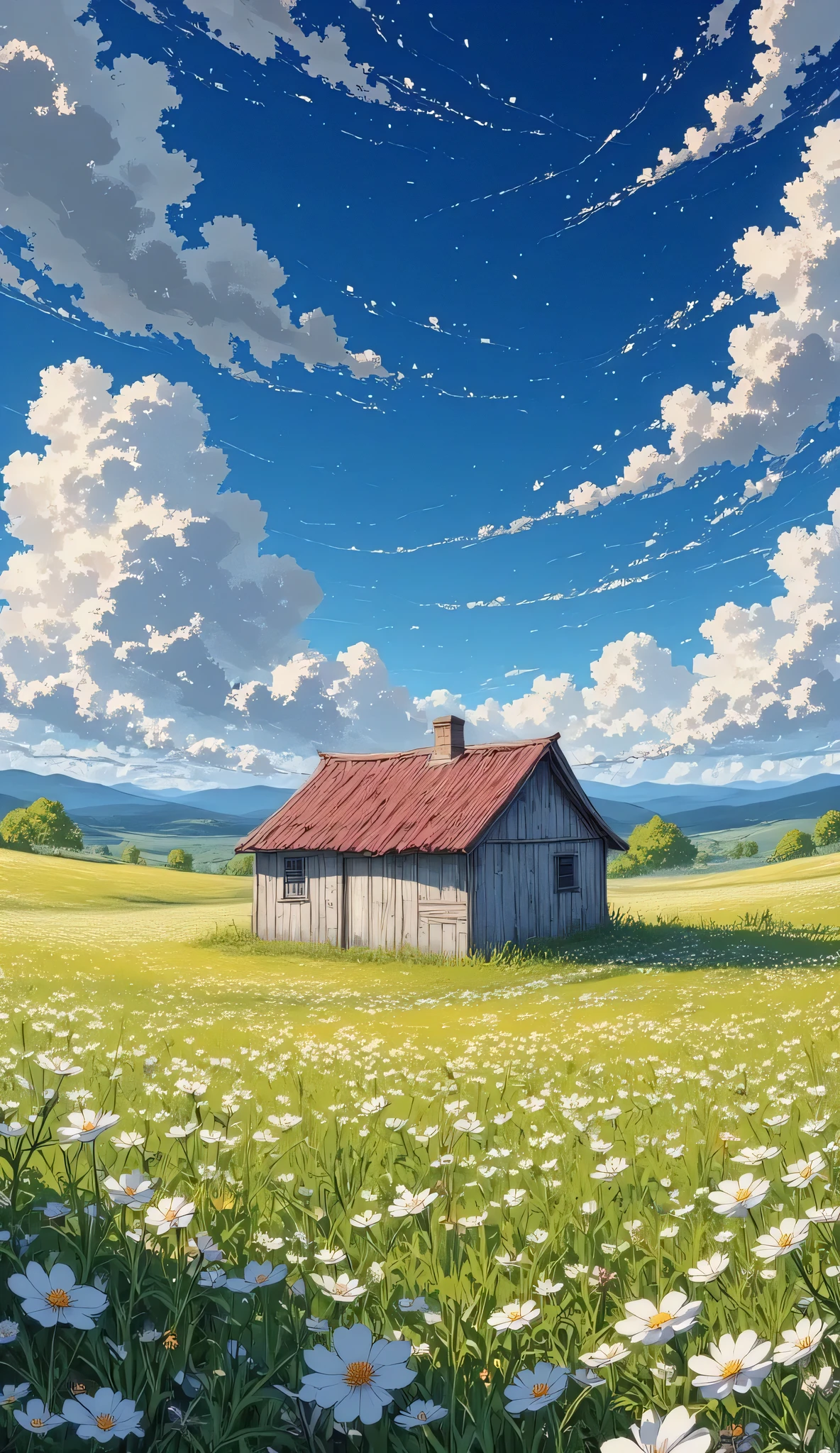 *"anime-style digital illustration, within
The scene shows a lonely cabin with a red tile roof and distressed white wooden walls, located in the middle of a vibrant green field. A narrow dirt road,
The sky dominates the composition, with gigantic deep blue clouds, Its edges are illuminated by a golden glow, creating an impressive contrast between light and shade.
The lighting is soft and melancholic, with reflections in the moist grass and a subtle glow in the raindrops. The atmosphere conveys a sense of calm with a balance between the serenity of the landscape and the intensity of the sky.
