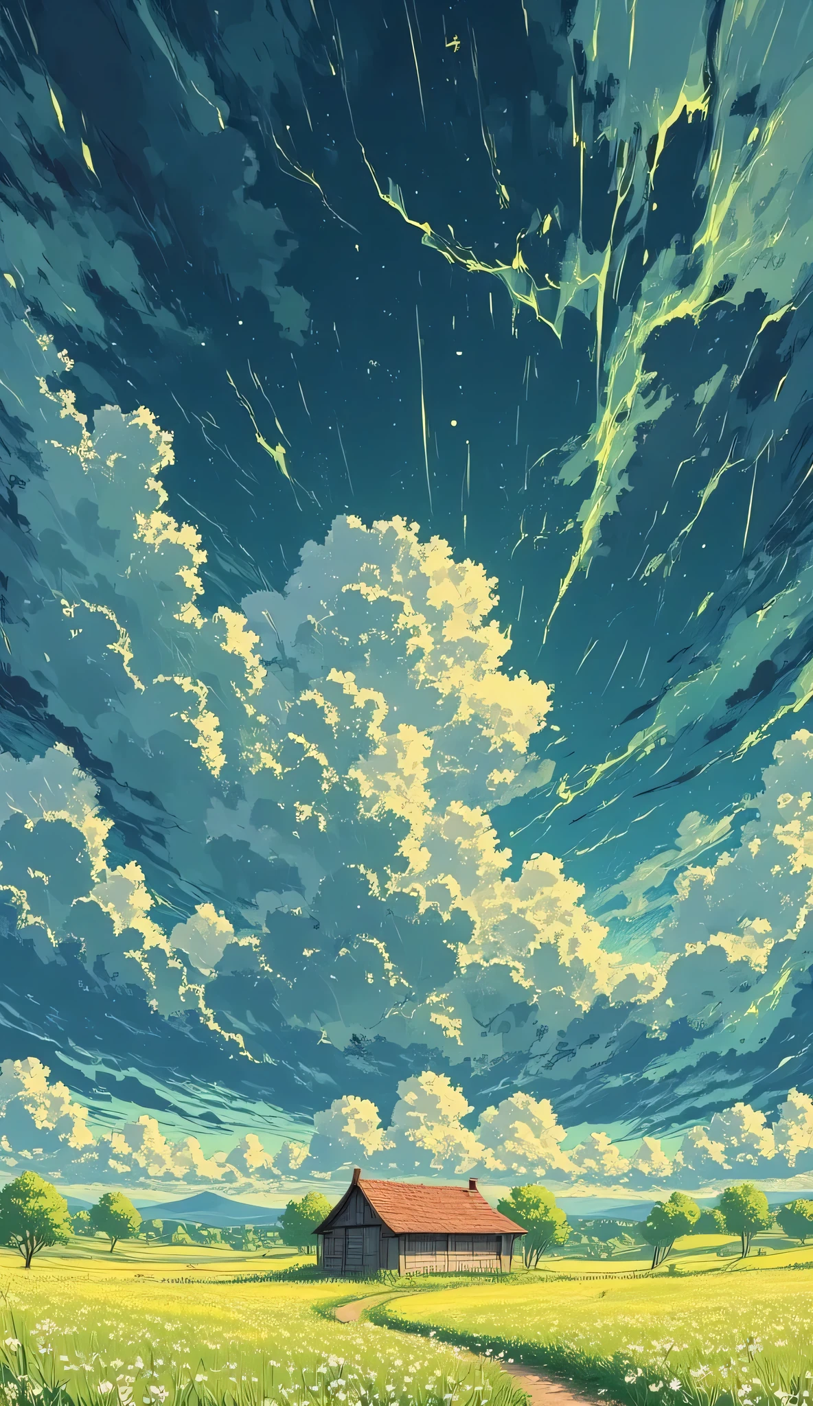 *"anime-style digital illustration, in
The scene shows a lonely cabin with a red tile roof and white wooden walls., located in the middle of a vibrant green field. A narrow dirt road, wet from recent rain, meanders from the foreground to the house
The sky dominates the composition, with gigantic deep blue clouds, gray and dark green . Its edges are illuminated by a golden glow, creating an impressive contrast between light and shade. The rain falls in thin diagonal lines, bringing dynamism to the scene .
The lighting is soft and melancholic, with reflections in the moist grass and a subtle glow in the raindrops. The atmosphere conveys a sense of calm with a balance between the serenity of the landscape and the intensity of the sky.