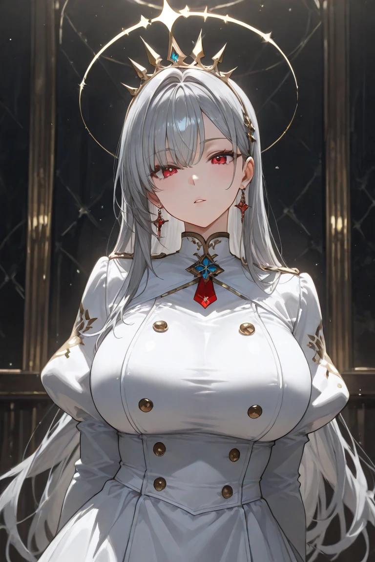 (masterpiece, best quality:1.2), 1girl, (adult:1.2), solo, standing, face focus, cinematic shot, lyla, white hair, long hair, blunt bangs, horns, (black sclera, colored sclera, blue eyes:1.2), looking at viewer, red skin, white shirt, huge breasts, full body,woman-medieval-clothes, robe, dress, longskirt
