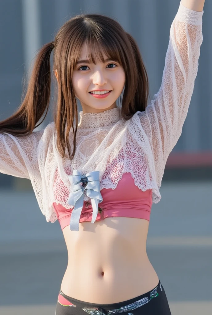 (best quality:1.2), masterpiece, Realistic, Ultra-high resolution, ((a beautiful Japanese idol woman:1.2)), (Gaunt:1.3), (((Very flat chest:1.4))), ((Baby Face)), ((upper body)), (nup, cheerleader:1.2), (show me your armpit:1.2), (sweaty armpit:1.3), ((Armpits are wet and shiny with sweat)), She has skin that sweats easily Soaking wet, Sweaty, I can see my pores solo, smile, standing, looking at viewer,