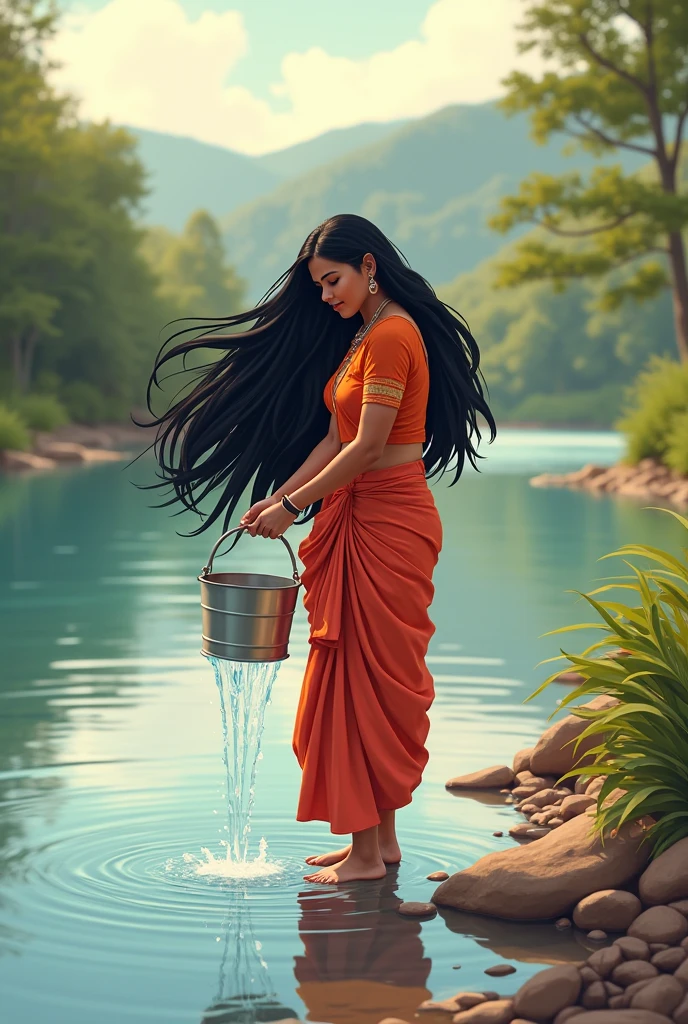 A beautiful woman wearing a cloth brings water from a river in a pitcher Indian a wonderful picture hand size drawing picture